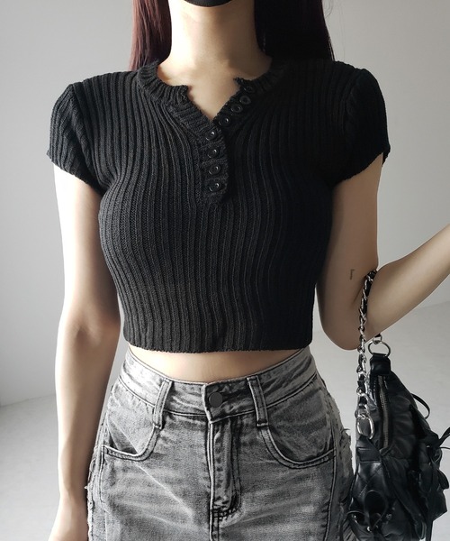 セール】【 3color 】キーネックショートサマーリブニットトップス