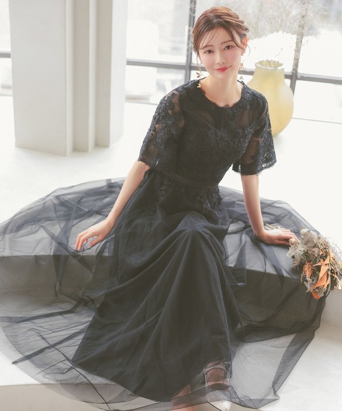 パーティー ドレス 二次会 シースルーレース 五分袖 シフォン ロング