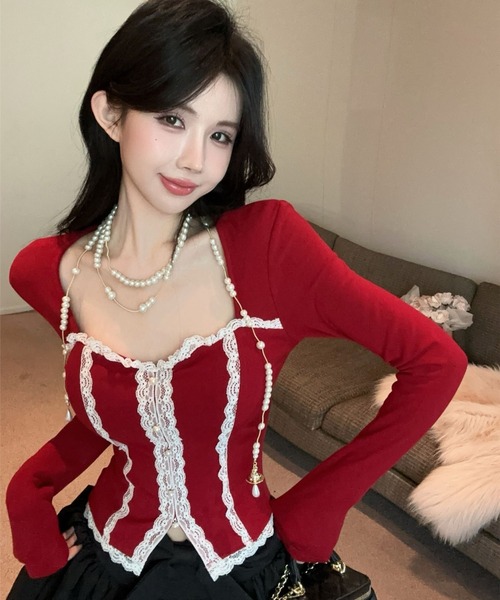 セール】フロントレースジップコルセット風トップス（2色展開）（T