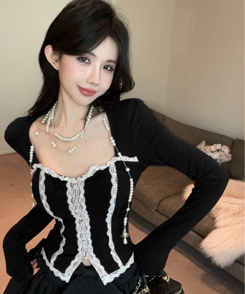 セール】フロントレースジップコルセット風トップス（2色展開）（T