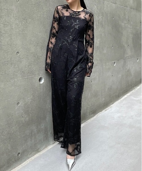 Ameri（アメリ）の「SPANGLE LACE ROMPERS（サロペット/オーバーオール