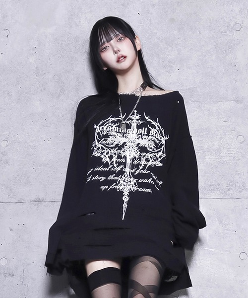 クロスロゴプリントダメージガーゼトップス（Tシャツ/カットソー