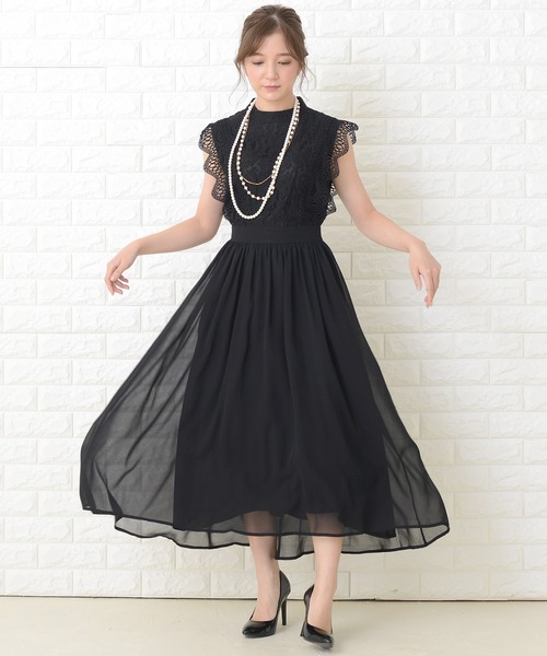 セール】フリルノースリーブロングパーティドレス・ワンピース（ドレス