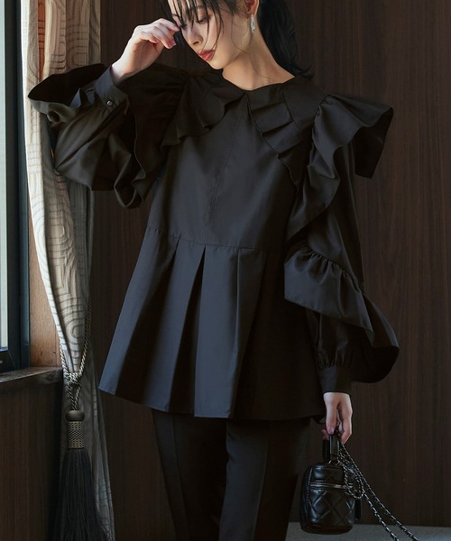洗える ｜ フリルスリーブデザインシャツブラウス ｜ 長袖 シャツ地