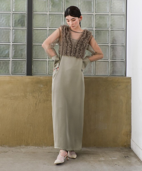 オケージョン/結婚式】フリルトップスサテンキャミワンピースセット