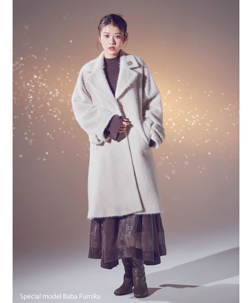 セール】ブローチ付きシャギーロングコート（チェスターコート