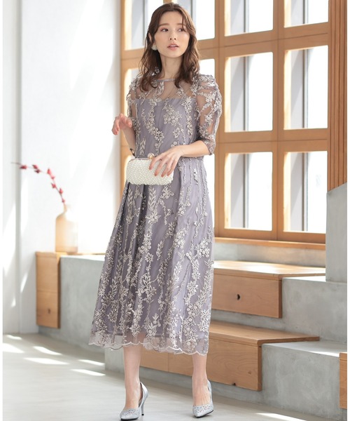 セール】結婚式 ・二次会向け 上品スカラップレース フレアドレス(S,M