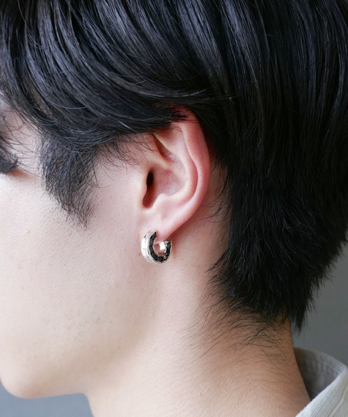 シルバー925ブラックジルコニア埋め込みフープアス/レディース/メンズ