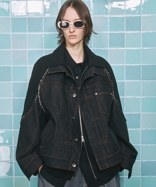 UNISEX》Different Materials Layering Prime-Over Trucker Jacket/異