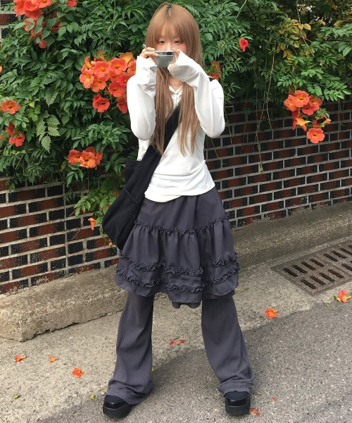 3-Layered Ruffle Skirt Pants (FL-260_Charcoal)（その他パンツ
