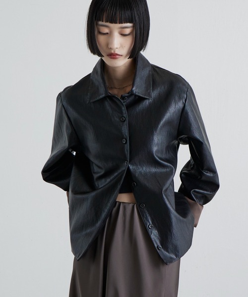 セール】フェイクレザーシャツジャケット（テーラードジャケット
