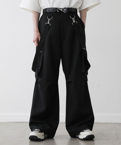 ルーズシルエットハイウエストサスペンダーZIPポケットデニムカーゴ