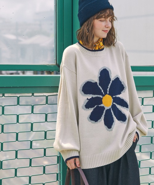 OHGA フラワージャガードニット ホワイト OHGA フラワージャガード