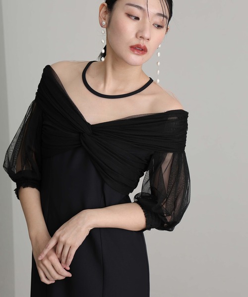 ロング&七分袖フォーマルチュールオフショルダー胸パット入り