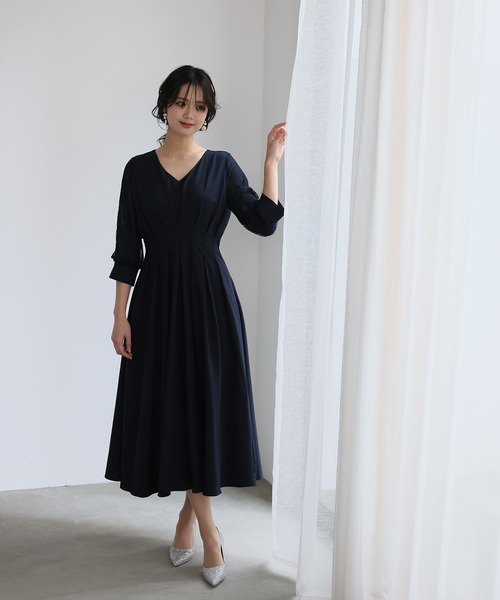 結婚式ワンピースドレス袖ありとロングタックデザイン大きいサイズ