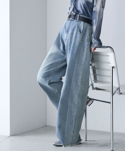 forksy.】リメイク風 サイド切り替え デニムカーブパンツ（デニム