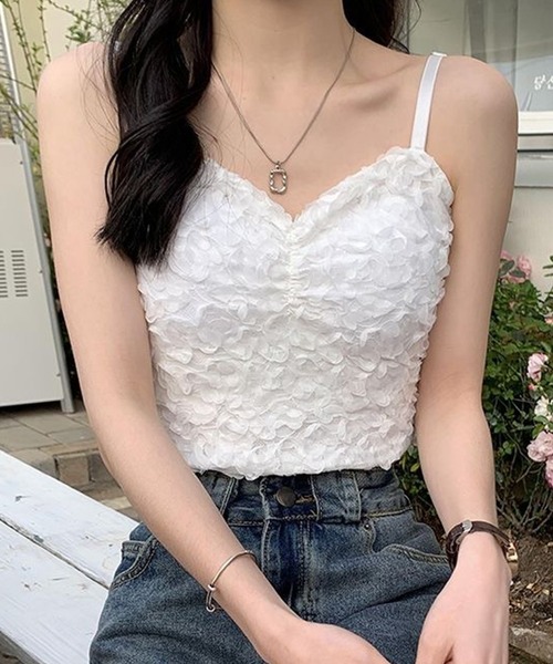 セール】ふわふわ 立体 フラワー クロップド カップ付き キャミソール