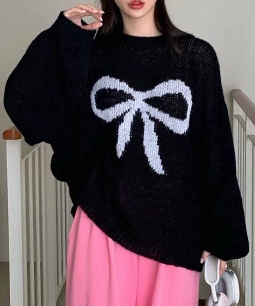 セール】ドロップショルダーローゲージリボンニットプルオーバー