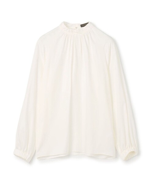 セール】ウォッシャブルサテン スタンドギャザーカラーブラウス