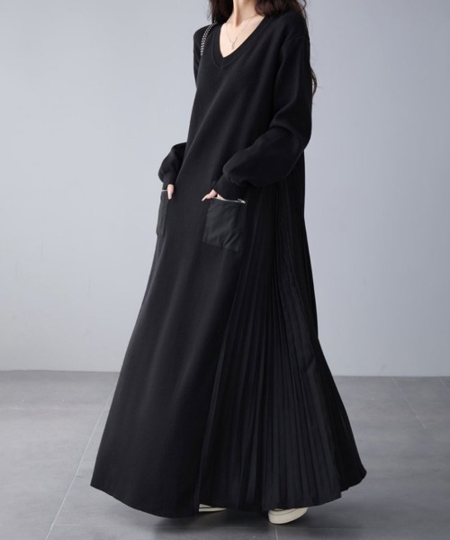セール】Vネック×サイドプリーツロングワンピース（ワンピース）｜Doux