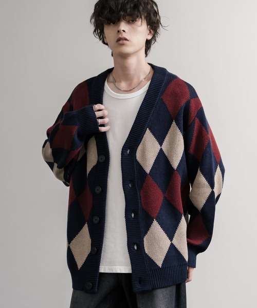 オーバーサイズ 総柄Vネックニットカーディガン アーガイル柄/チェック
