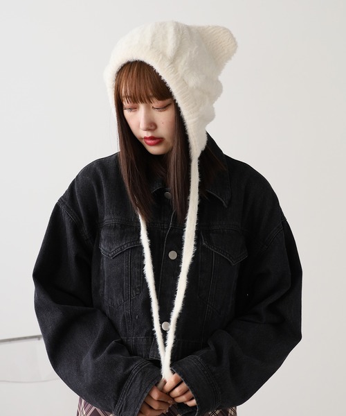 ひも付き ネコ耳 ニット帽 ニットキャップ バラクラバ（ニットキャップ