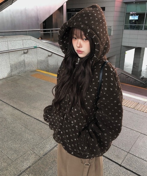 セール】ハート模様ドット柄フリースジップパーカー（ブルゾン