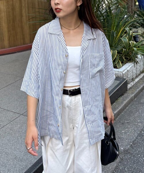 ユニセックスで着れる】リネンレーヨンオープンカラー半袖シャツ