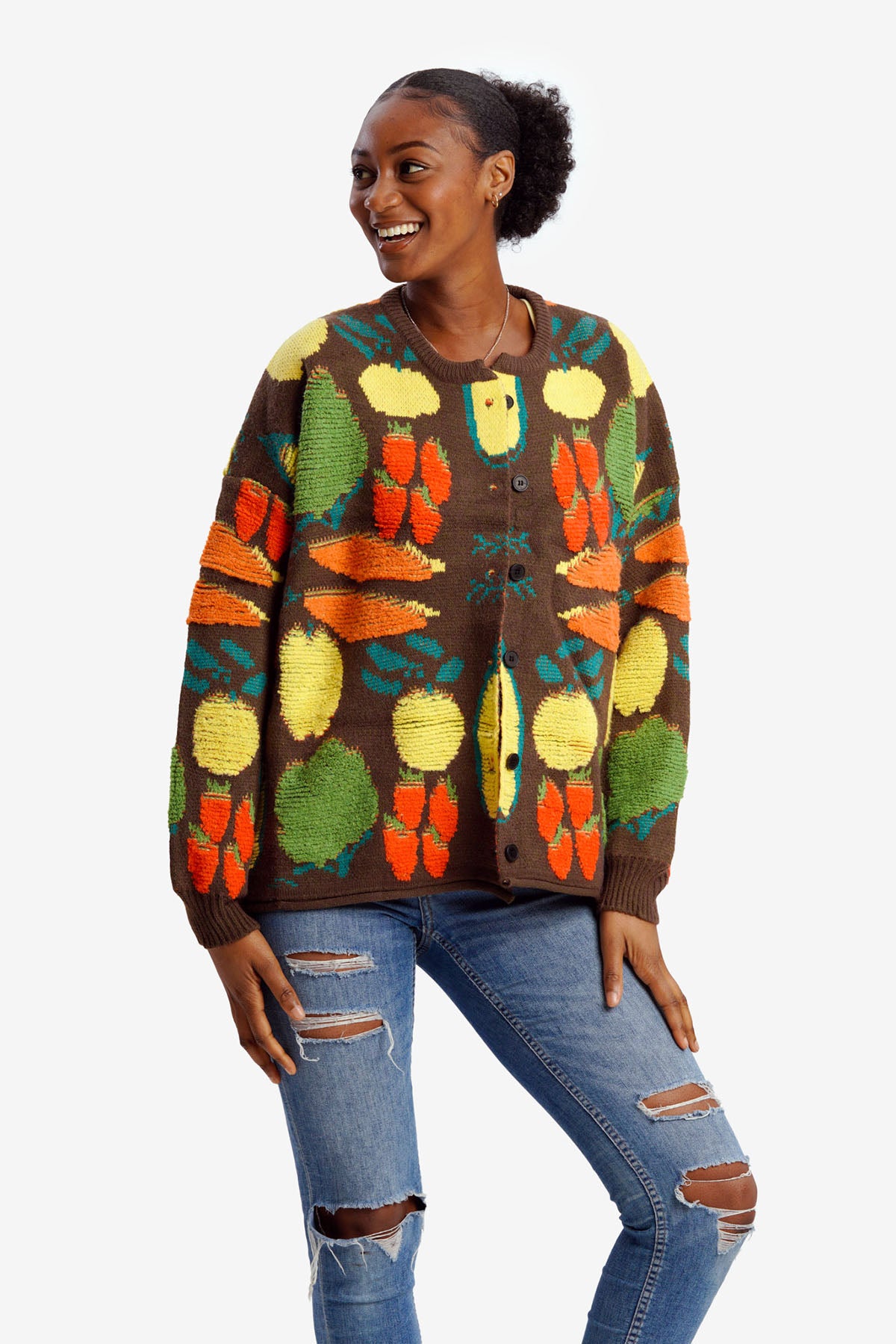 Brown Harvest Cardigan | Colourful Fruits & Veggies Knit – Cardi Craze