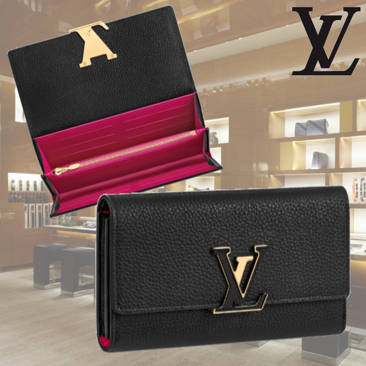高級感☆ルイヴィトン ポルトフォイユ・カプシーヌ 長財布 黒 (Louis