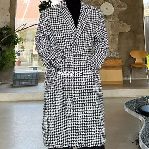 メンズ ダブル チェスターコート 千鳥格子 膝丈 ホスト (コートその他