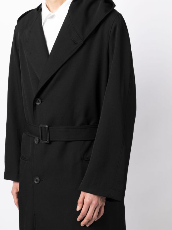 Yohji Yamamoto Belted Hooded Wool Trench Coat | Black | FARFETCH