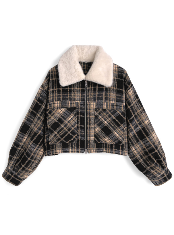 ファーティペット付きチェック柄ダブルジップジャケット[cc132