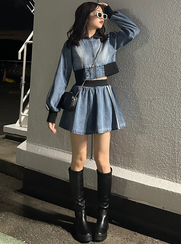 ラインブルゾン×フレアスカートデニムセットアップ[qu91] | レディース