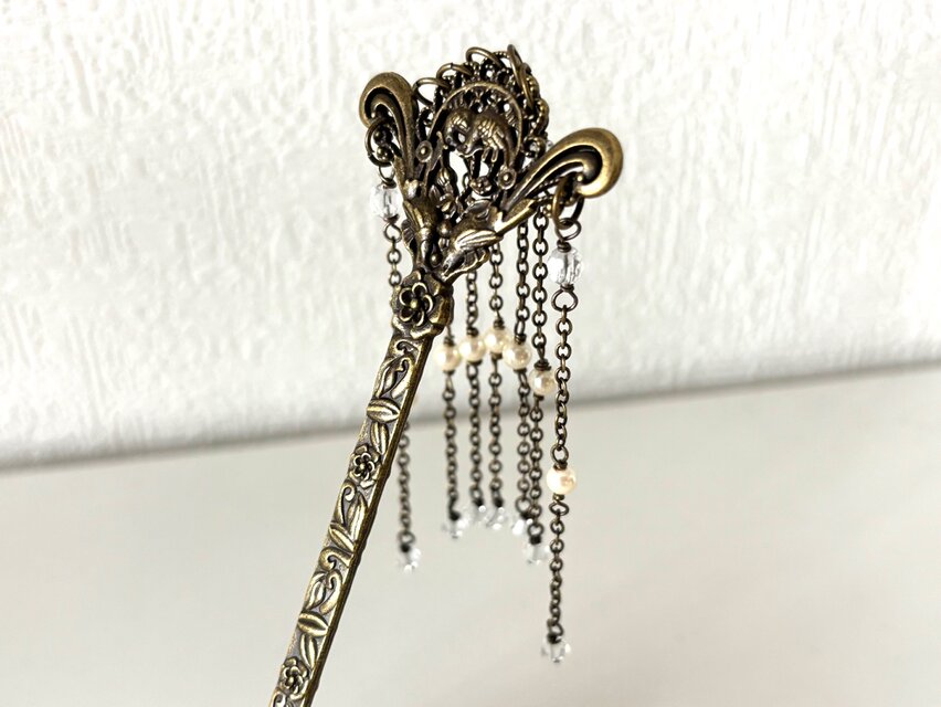 かんざし 真鍮古美の鳥模様のアジアンアンティーク風簪 一本簪 一本