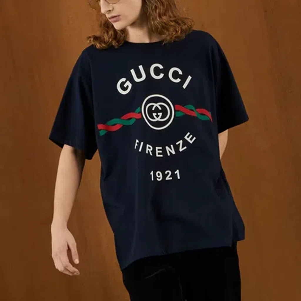 Gucci Firenze 1921 Logo-print Cotton-jersey T-shirt In Blue | ModeSens