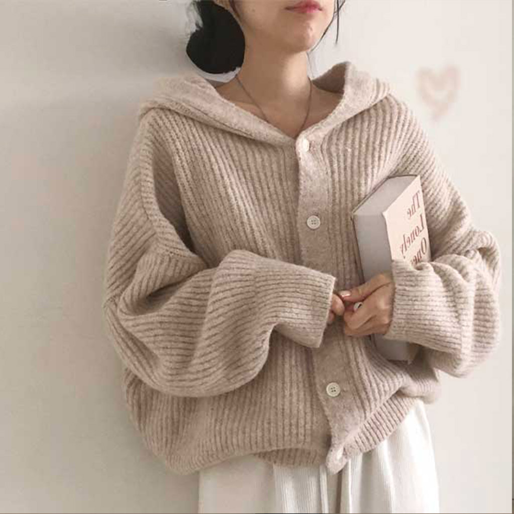 ルーズフィットフード付きニットカーディガン | ファッション通販