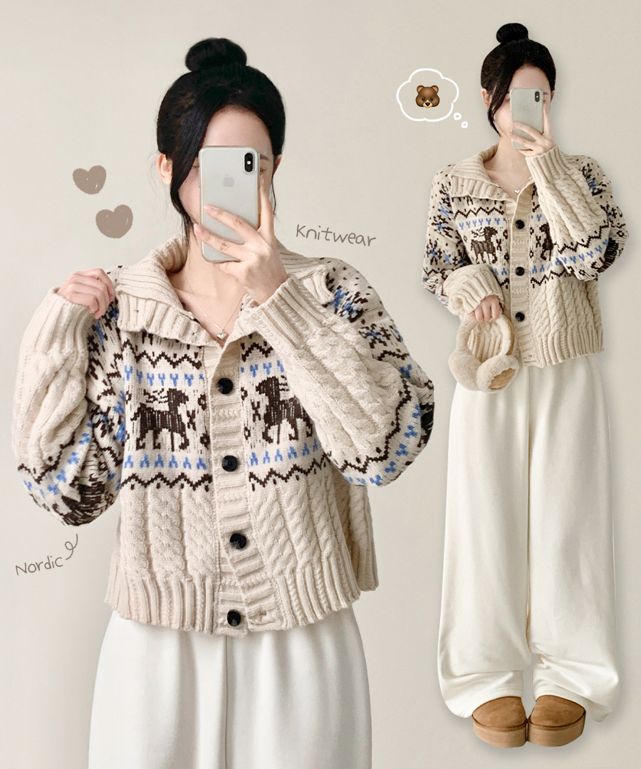 ハイネックノルディック柄ツイストニットカーディガン | ファッション