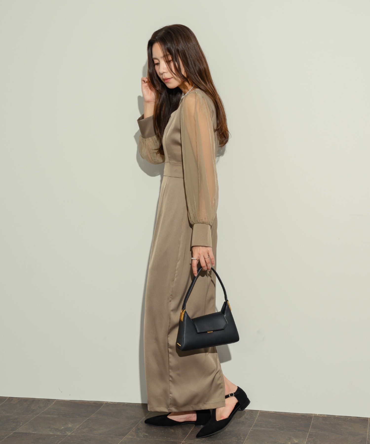 低身長さんサイズも】シアーサテン切り替えロングドレスワンピース