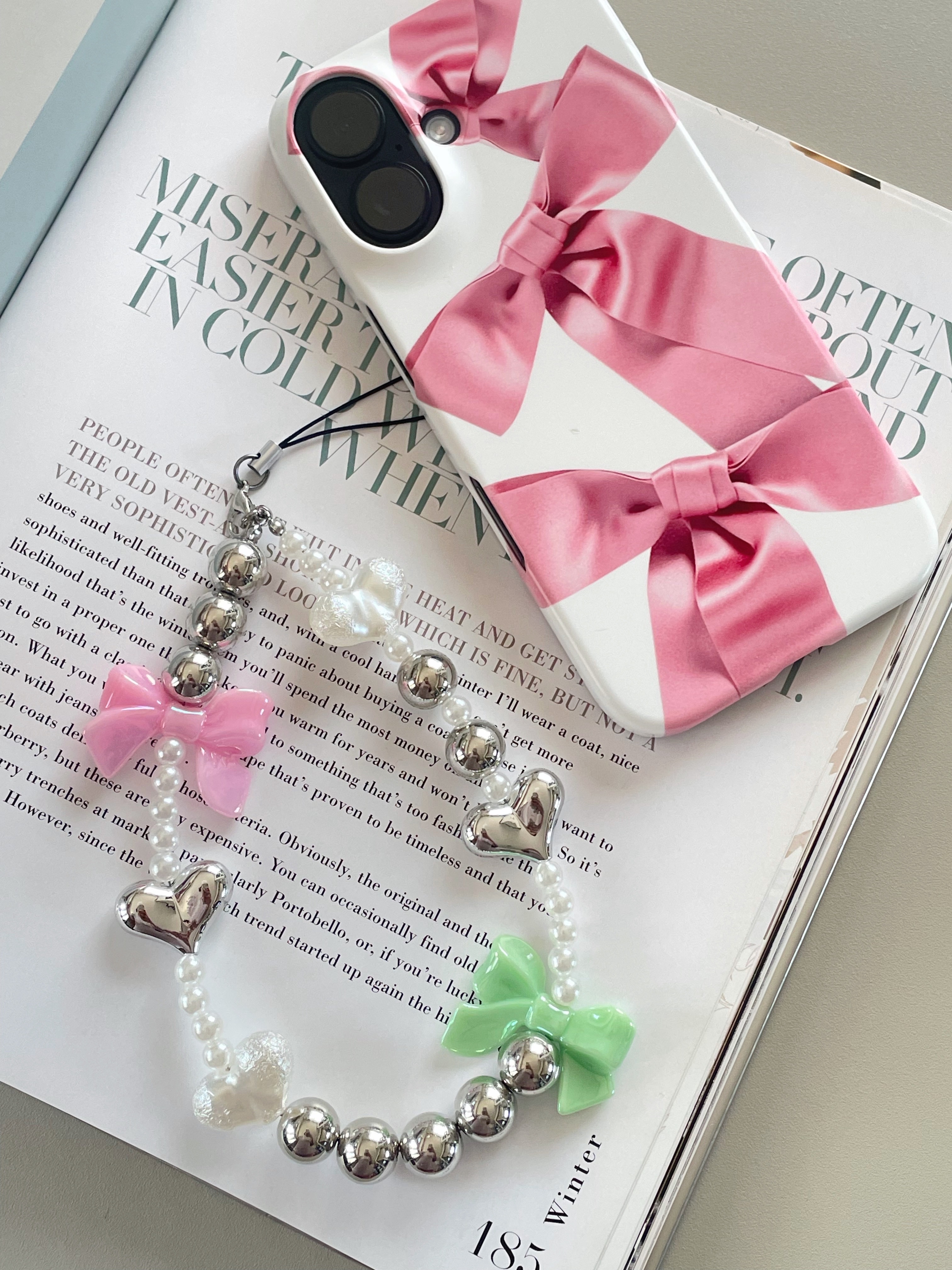 ピンク×ミントリボンスマホストラップ | ファッション通販サイト NUGU