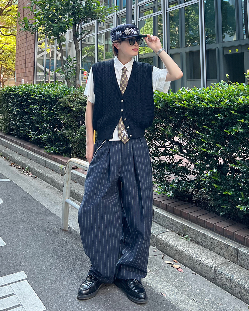 ユニセックス)ワイドフィットリネンストライプパンツ | ファッション