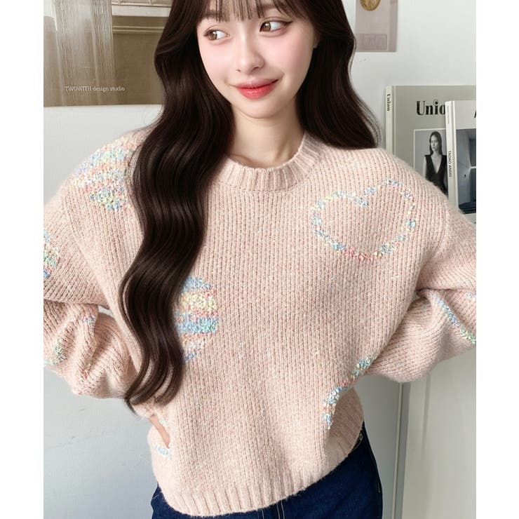 ミックスカラーハートジャガードアルパカライクニットプルオーバー