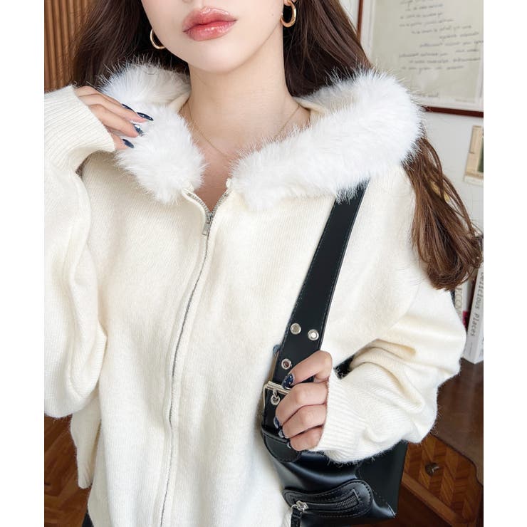 ボリュームファーフードジップアップニットパーカー[品番：ERMW0003963