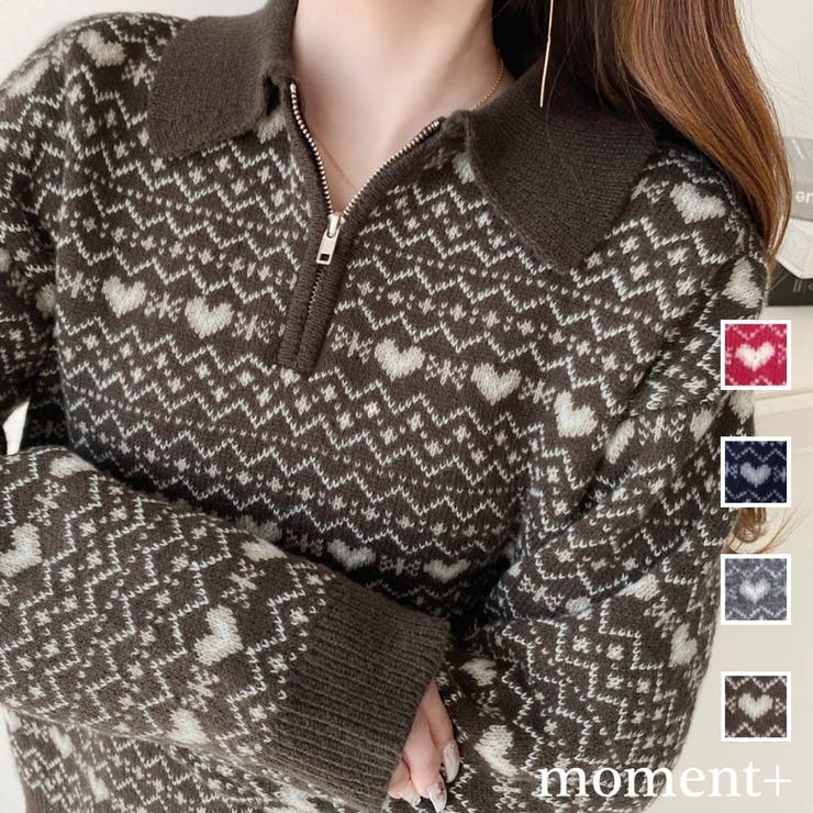 ノルディック柄ダブルジャガードハーフジップポロニットプルオーバー