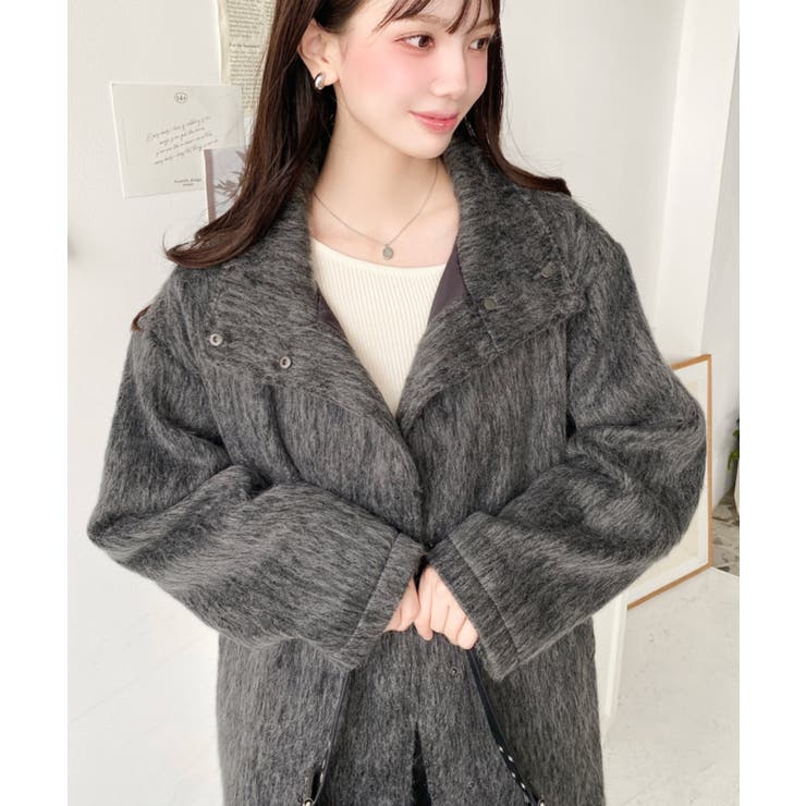 スタンドカラージップアップメランジシャギーコート[品番：ERMW0004026