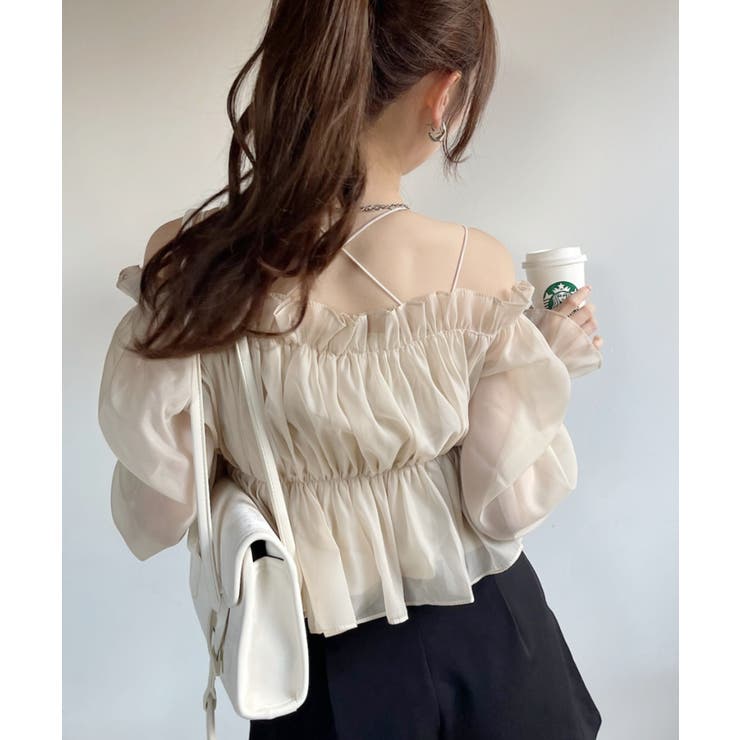 2WAY オフショル シアー ギャザー 長袖 ブラウス[品番：ORGW0009141