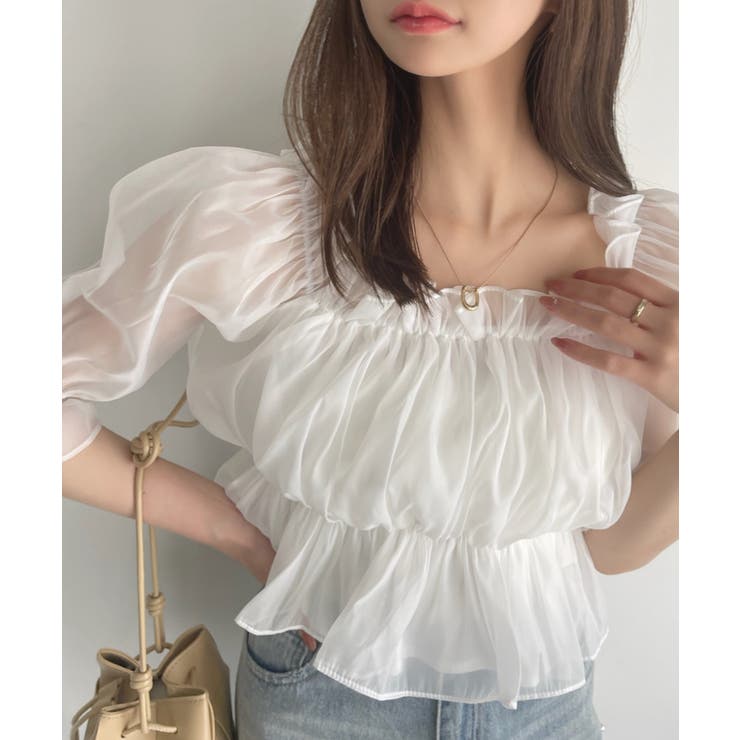 2WAY オフショル シアー ギャザー ブラウス[品番：ORGW0008689]｜Ada