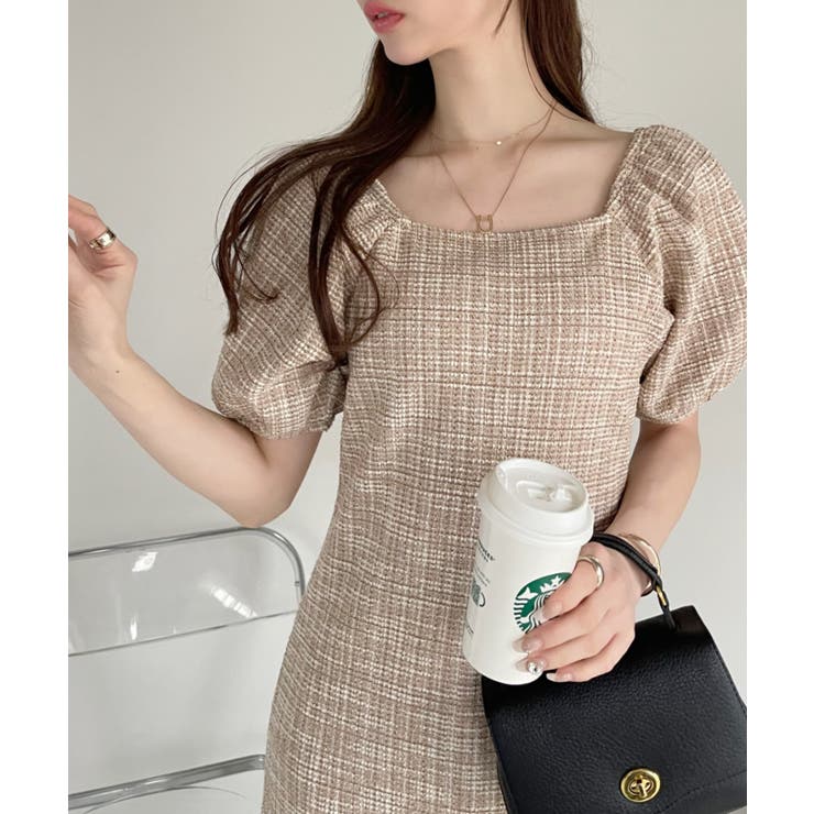 カットツイード パフスリーブ スクエアネック ワンピース[品番