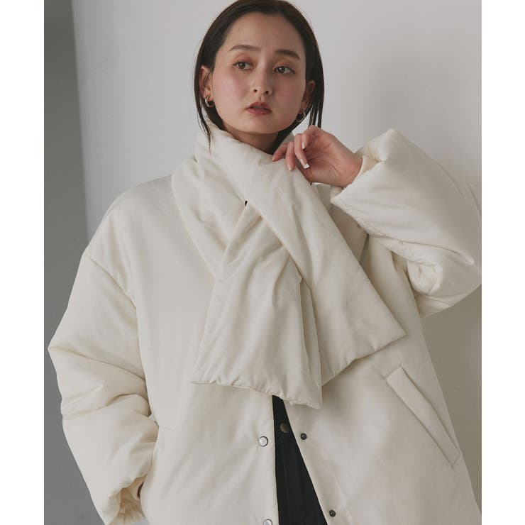 共地マフラー付きノーカラー中綿ジャケット 軽量 防寒 エコダウン