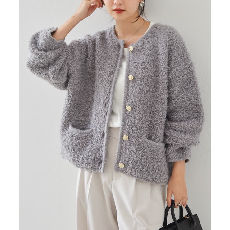 ゴールド調ボタンループ編みニットジャケット[品番：RANW0000098